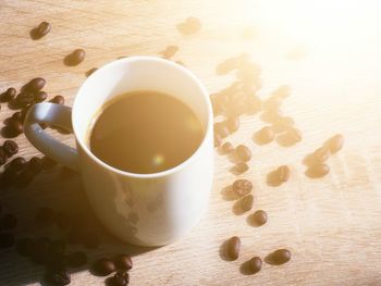 High angle view of coffee cup on table