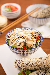 High angle view of noodles in bowl on table