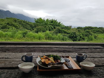 High angle view of breakfast on table