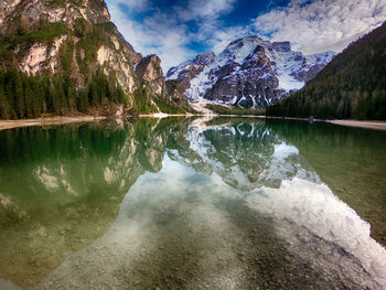 Scenic view of lake and mountains against sky