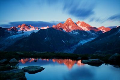 Scenic view of lake and snowcapped mountains against sky