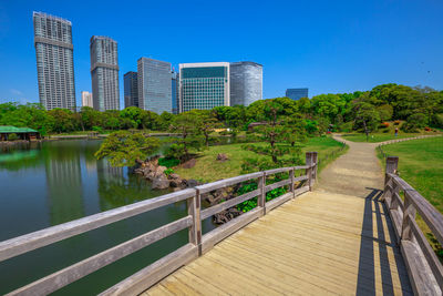 Railing by lake against buildings in city against clear blue sky