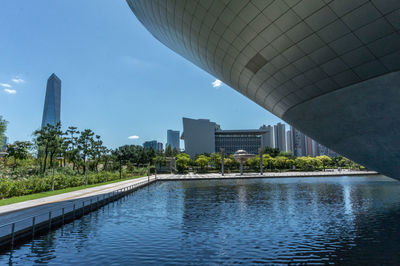 View of swimming pool in city against sky