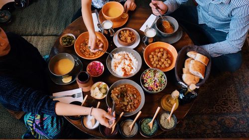 High angle view of people eating food