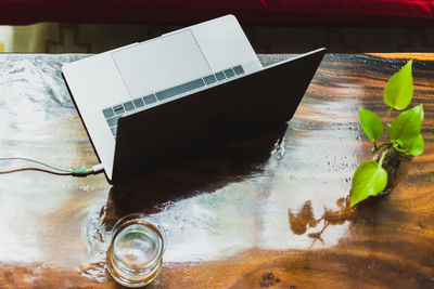 High angle view of drink on table