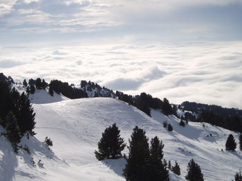 Scenic view of snow covered mountains against sky