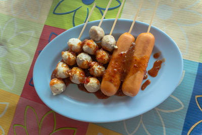 High angle view of breakfast in plate on table