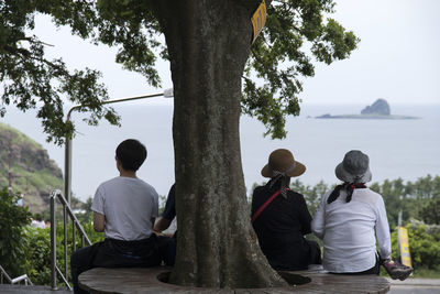 Rear view of friends sitting by tree against sea