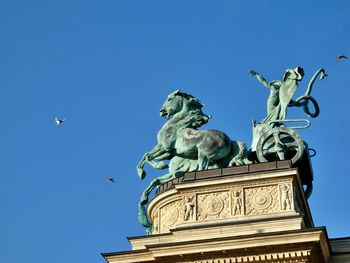 Low angle view of birds against clear blue sky