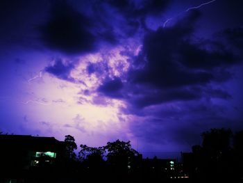 Low angle view of silhouette trees against dramatic sky