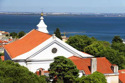 High angle view of houses in town