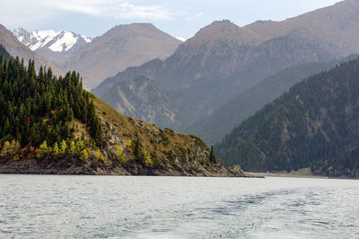 Scenic view of river by mountains against sky