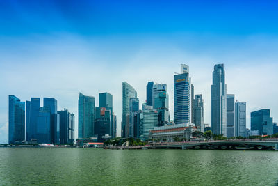 River by modern buildings against sky in city