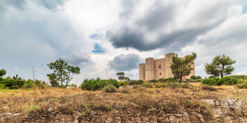 Panoramic view of old building on field against sky