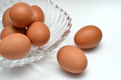 High angle view of eggs on white table