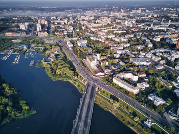 High angle view of river amidst buildings in city