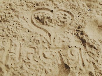 High angle view of footprints on sand at beach