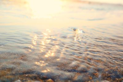 Surface level of beach against sky during sunset