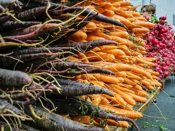 High angle view of vegetables for sale in market