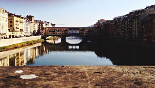 Bridge over river with buildings in background