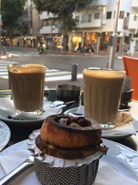 Close-up of coffee served on table