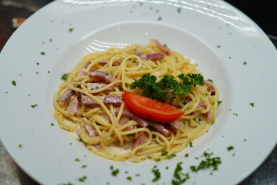 High angle view of noodles served in plate