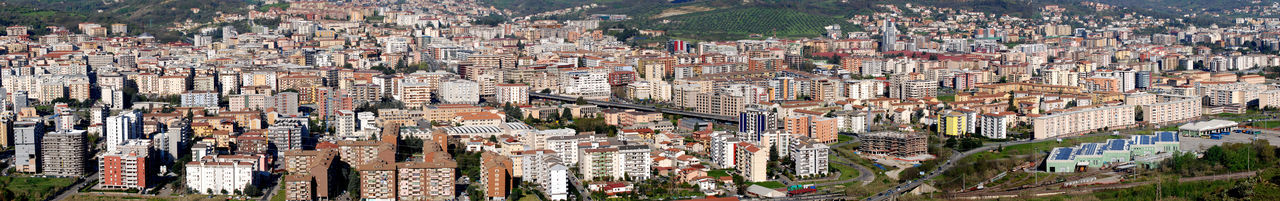 High angle view of modern buildings in city