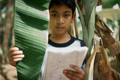 Boy reading book by tree