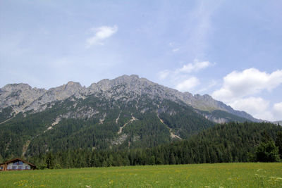 Scenic view of landscape and mountains against sky