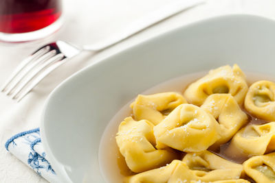 High angle view of pasta in plate on table