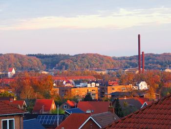 High angle view of townscape against sky during sunset