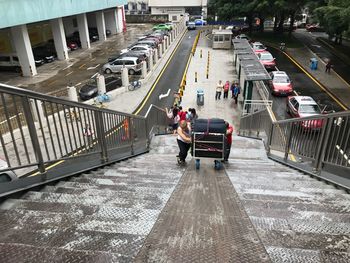 High angle view of people on road