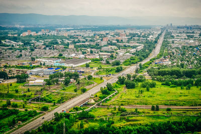 High angle view of cityscape against sky