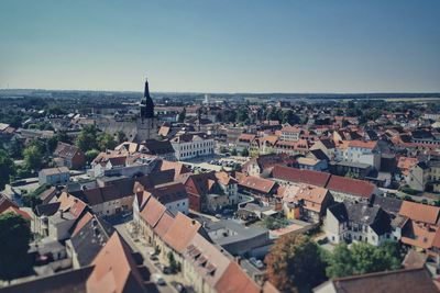 High angle view of townscape against clear sky