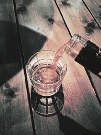 High angle view of beer on table