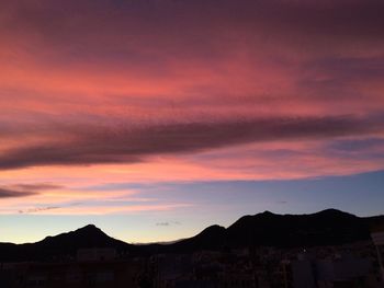 Scenic view of mountains against sky at sunset