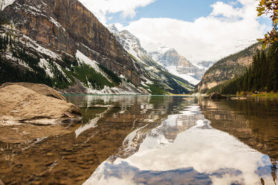 Scenic view of lake and mountains against sky