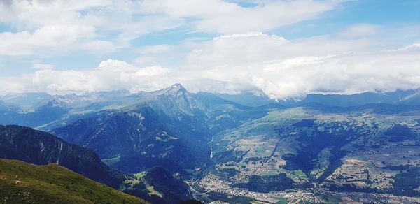 Aerial view of land and mountains against sky