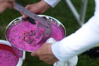 Traditional polish beetroot cold soup on yogurt with egg, onion and cucumbers