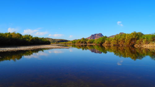 Scenic view of lake against blue sky