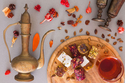 Directly above shot of food and drink on table