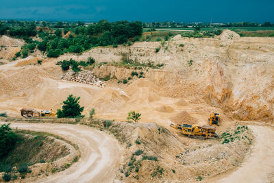 High angle view of construction machinery at site