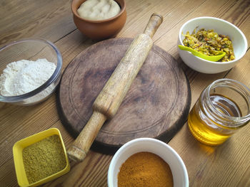 High angle view of food on table