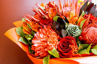 High angle view of rose bouquet on table