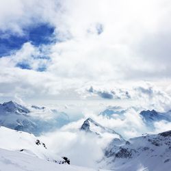 Low angle view of snowcapped mountains against sky