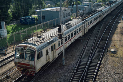 High angle view of train on railroad tracks