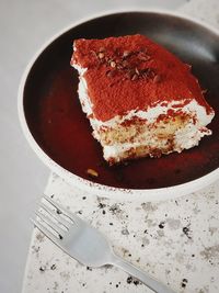 High angle view of cake in plate on table