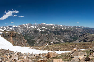 Scenic view of snowcapped mountains against blue sky