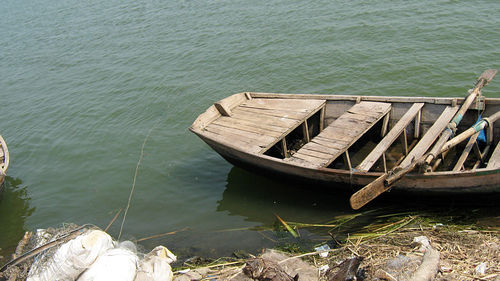 High angle view of abandoned boat moored in lake