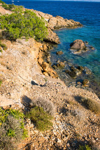 High angle view of rocks on shore